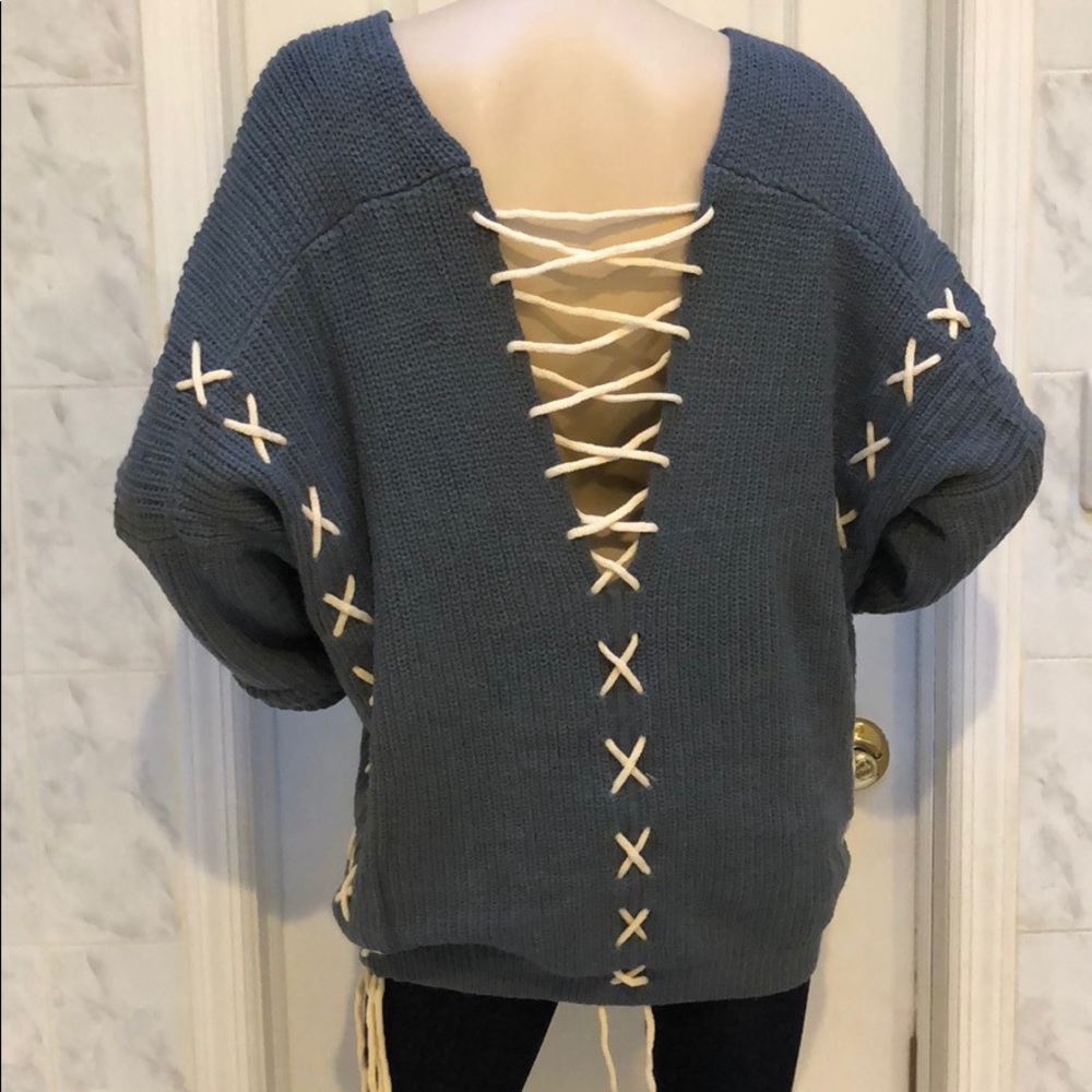 Last 1! GIRLY & FLIRTY LACE UP BLUE TUNIC SWEATER - Picture 7 of 8